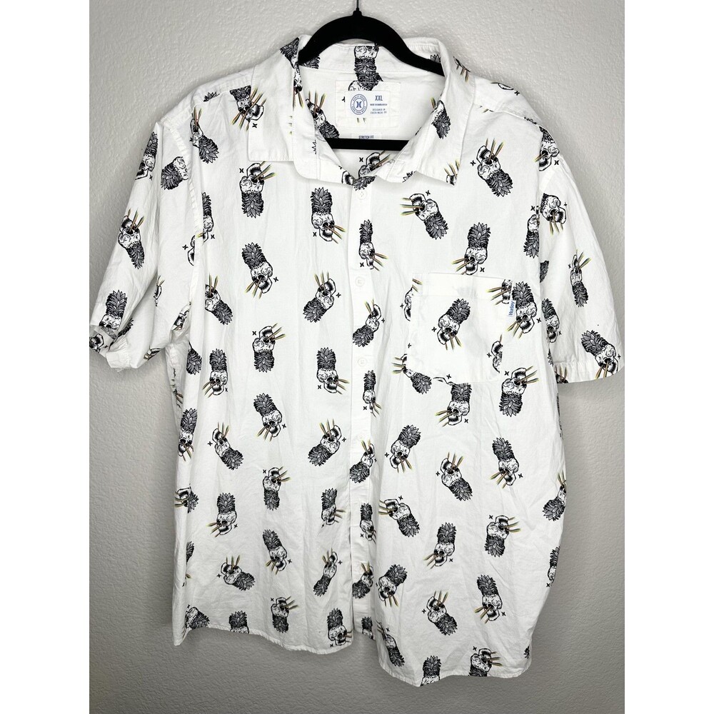 Hurley Shirt Mens 2XL White Stretch Fit Button Up Short Sleeve Skull Print Woven